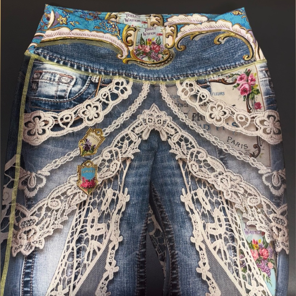 Elegant Lace-Trimmed Bead embroidered Blue Jeggings